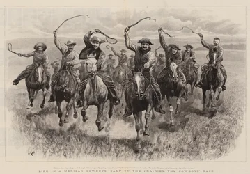 Vita in un campo di cowboy messicani nelle praterie, la corsa dei cowboy